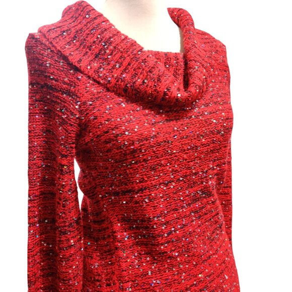 No Boundaries M Red Sequin Cowl Neck Sweater Shimmer Knit Off Shoulder Holiday - Picture 2 of 12